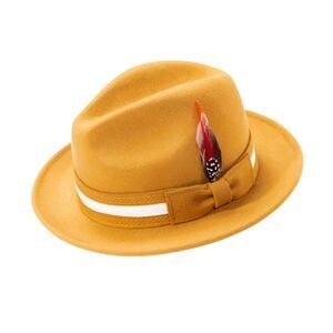 MONTIQUE MEN'S GOLD FELT FEDORA WITH WHITE BAND AND RED FEATHER. H100